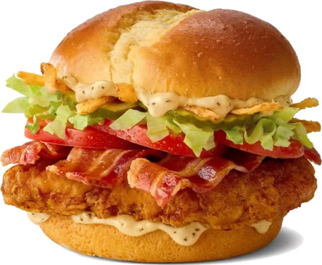 McDonald’s Bacon Caesar McCrispy chicken sandwich with bacon, lettuce, tomato, pickles, crispy onions and Caesar Sauce