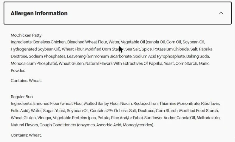 McChicken patty and regular bun ingredient and allergen list from McDonald's U.S. site