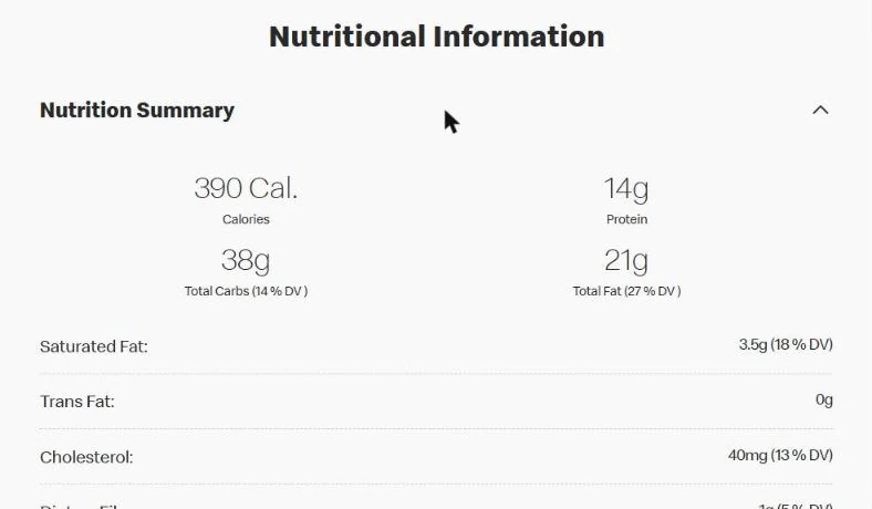 McChicken nutrition summary from McDonald's: 390 calories, 14 g protein, 38 g carbs, 21 g fat