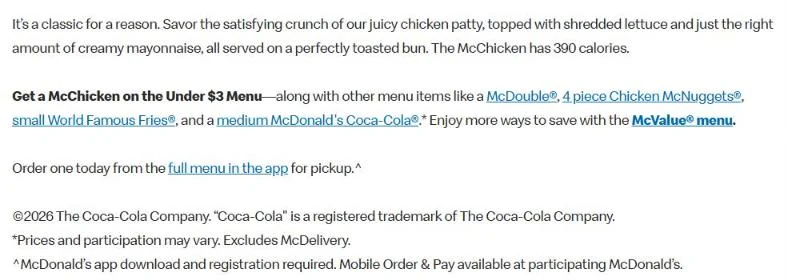 McDonald's U.S. McChicken page saying the sandwich is on the Under $3 Menu