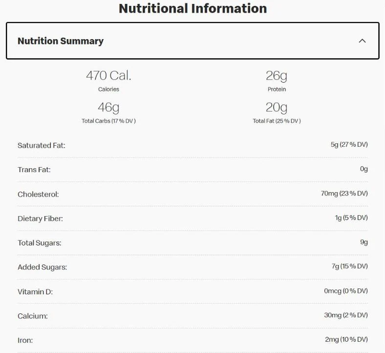 McCrispy nutrition summary from McDonald's: 470 calories, 26 g protein, 46 g carbs, 20 g fat