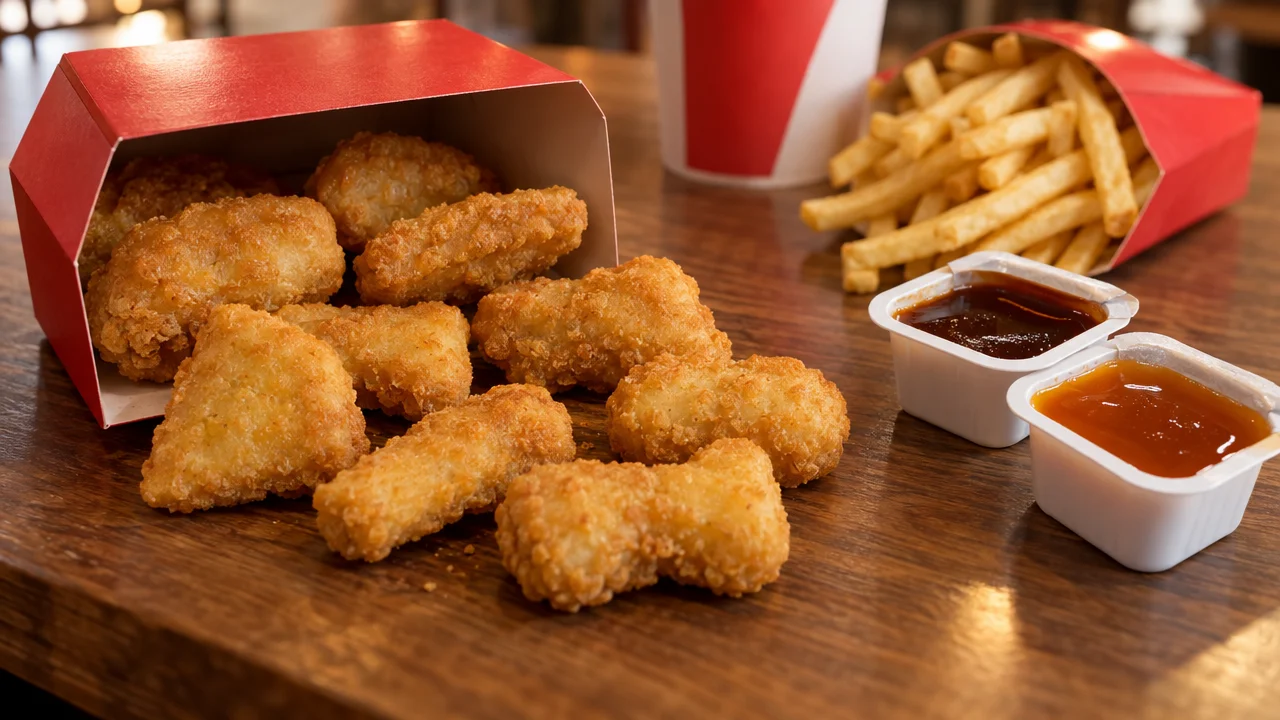 Ten golden breaded chicken nuggets spilling from a red box with barbecue and sweet and sour dipping sauces, fries and a drink