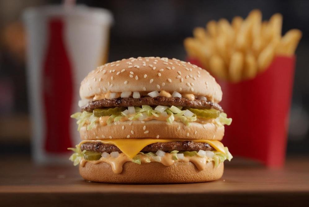 Big Mac-style double-decker burger with three sesame seed buns, two beef patties, cheese, lettuce, pickles and special sauce, with fries and a drink