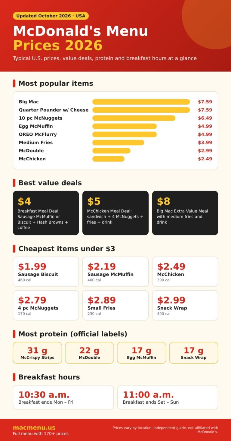 McDonald's menu prices 2026 infographic showing popular item prices, value deals, items under $3, top protein picks and breakfast hours