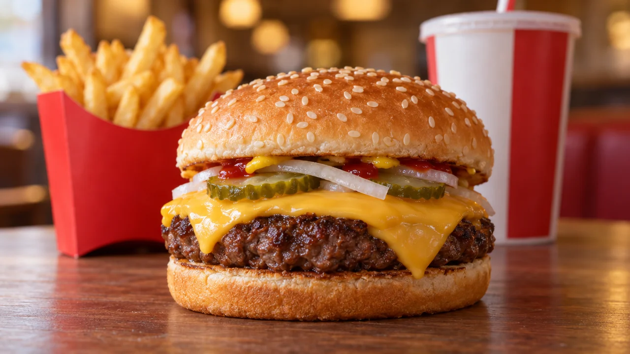 Quarter Pounder-style cheeseburger with a thick beef patty, two slices of melted American cheese, slivered onions, pickles, ketchup and mustard on a sesame seed bun, with fries and a drink